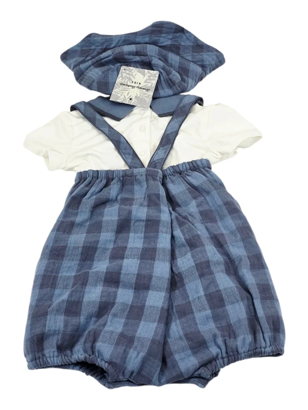 ​Tommy Bahama Kids 2-Pc Set Blue Buffalo Plaid Overalls Romper & Polo Shirt 9M
